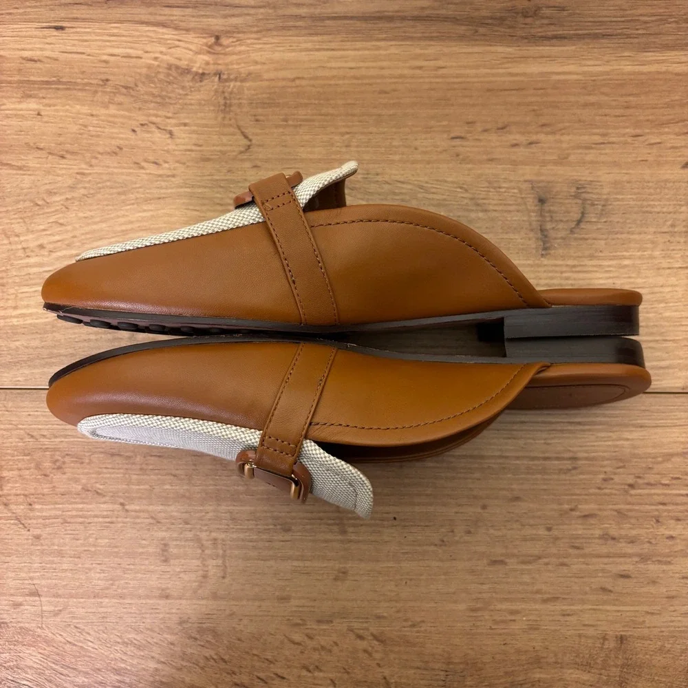 TORY BURCH Georgia Backless Loafer Mule Tan Ivory Women Size 8.5 Leather Woven